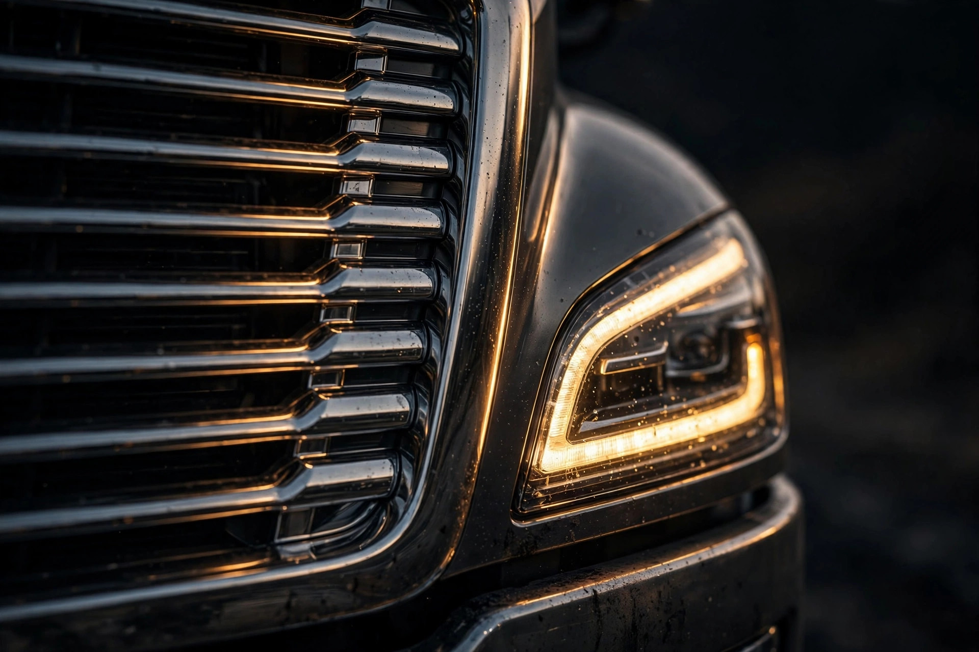 Close-up of a semi-truck grille and headlight at dusk