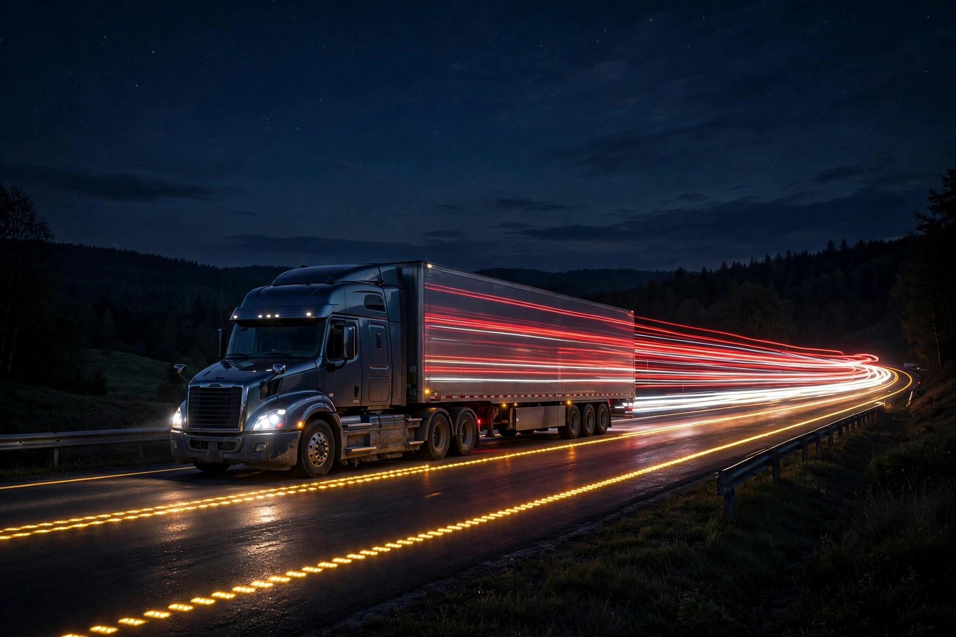 Semi-truck running at night with light trails
